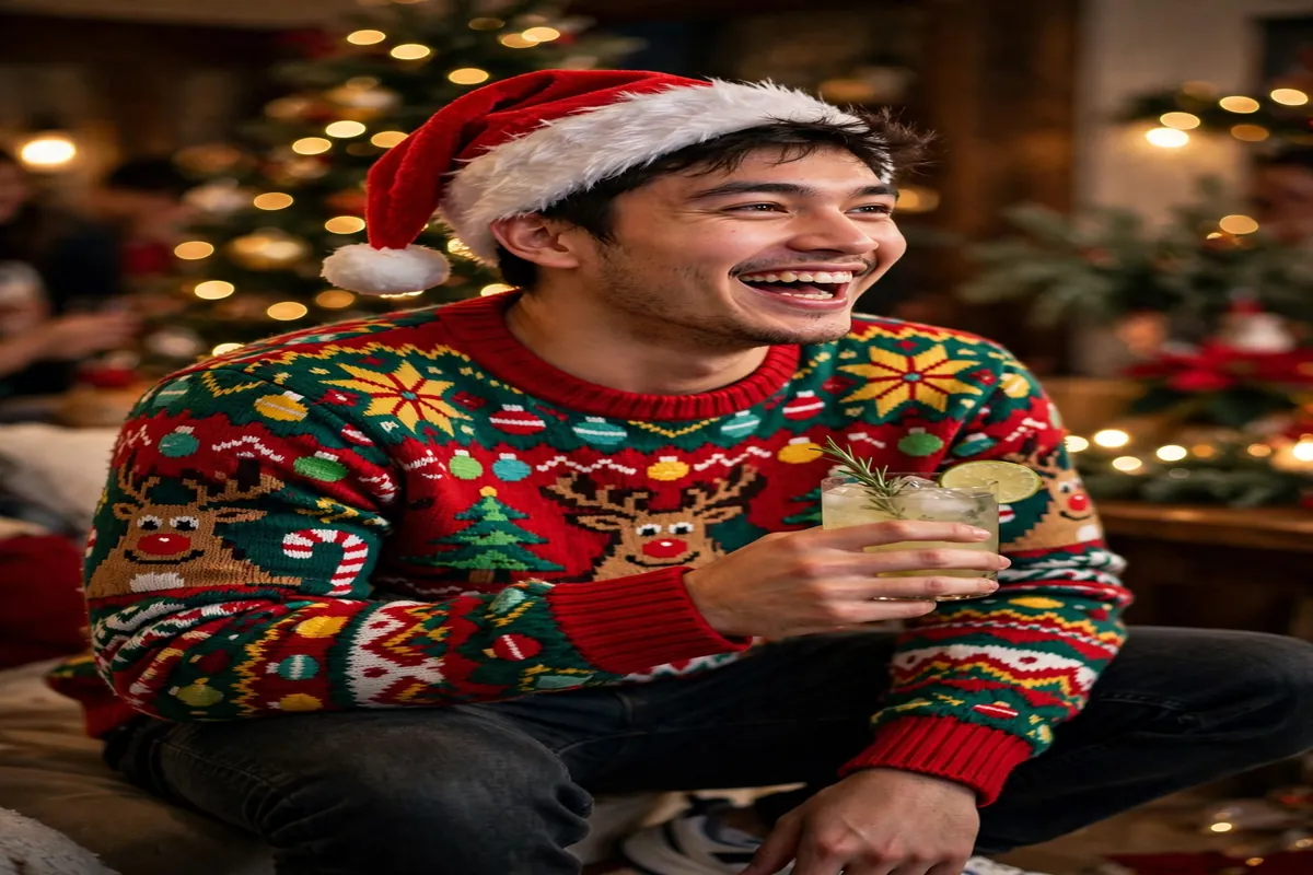 Man wearing an ugly Christmas sweater at a Christmas party