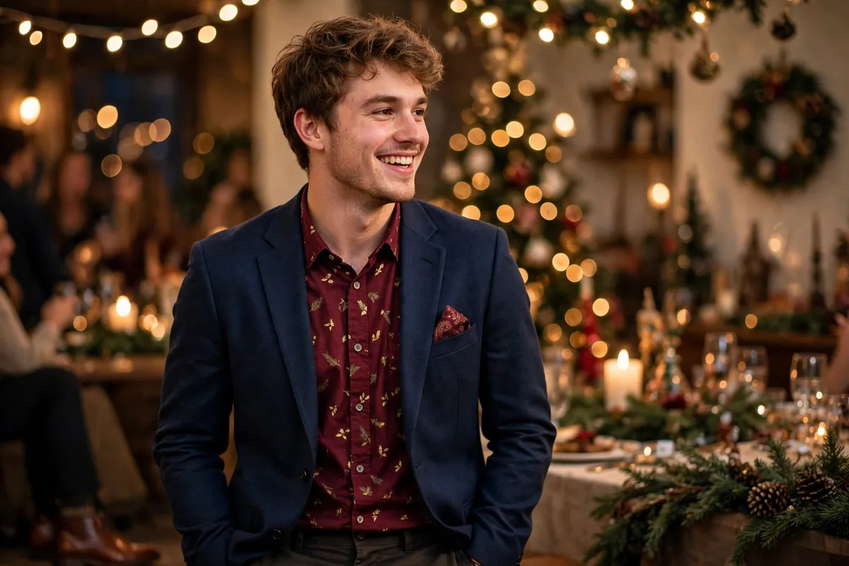 Man in a blazer over a festive burgundy shirt at a Christmas party