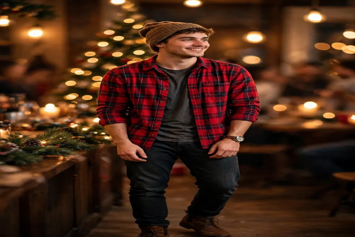 Man in a red flannel shirt and dark jeans at a Christmas party