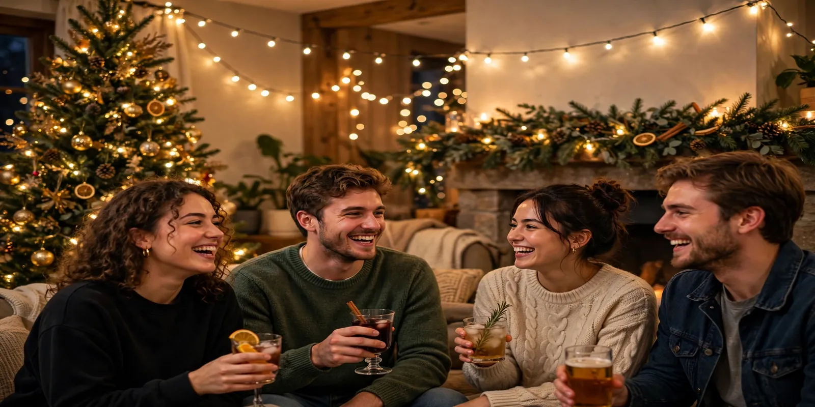 Adults laughing with drinks at a warm festive Christmas house party around a decorated tree