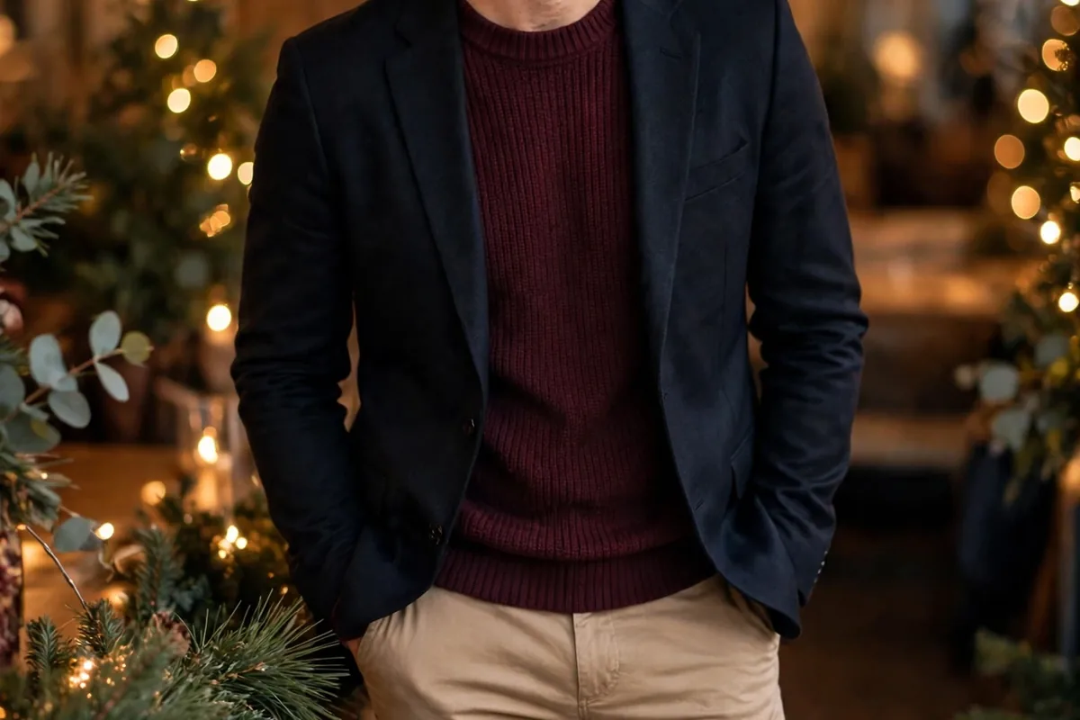 College guy in a navy blazer and dark jeans with a burgundy pocket square at a Christmas cocktail party