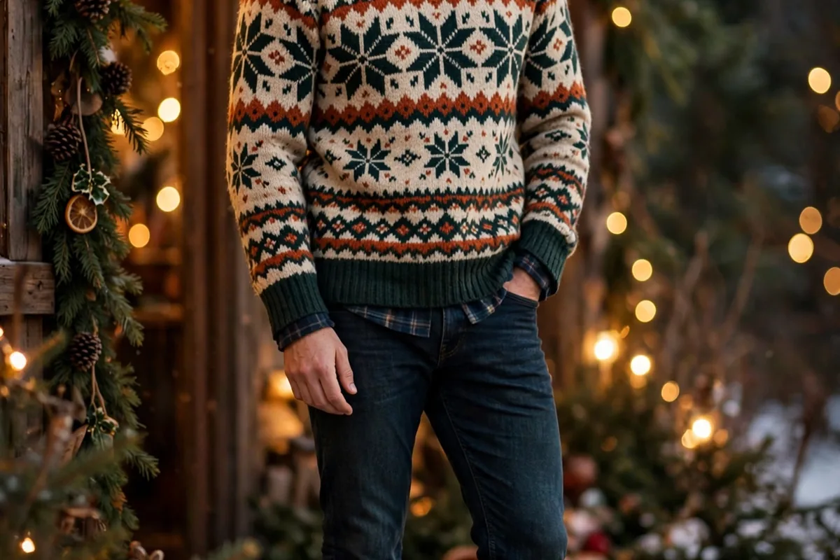College guy in a red buffalo plaid flannel and dark jeans with brown boots at a holiday party