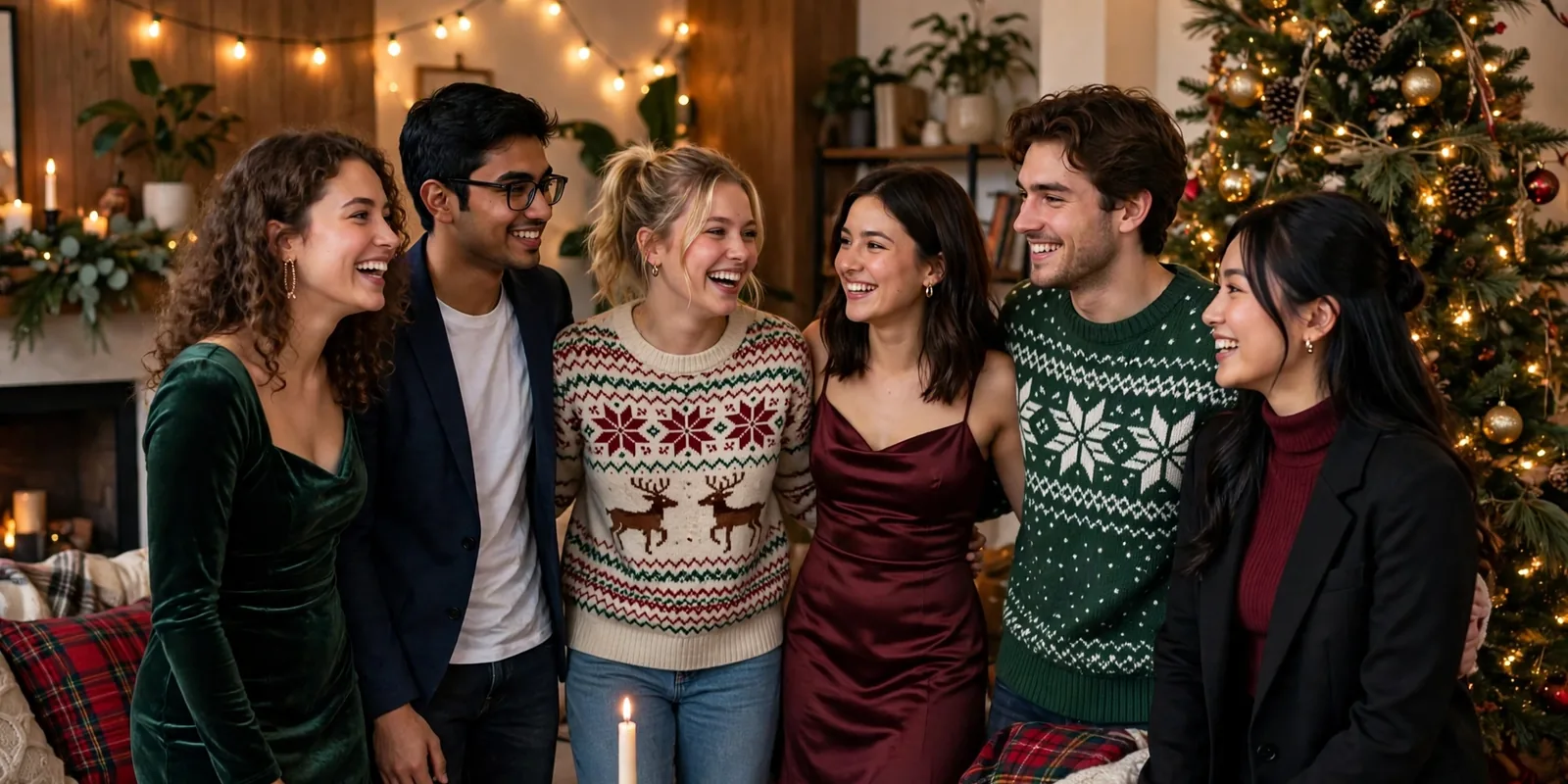 College students in festive Christmas party outfits posing together in front of a tinsel photo backdrop