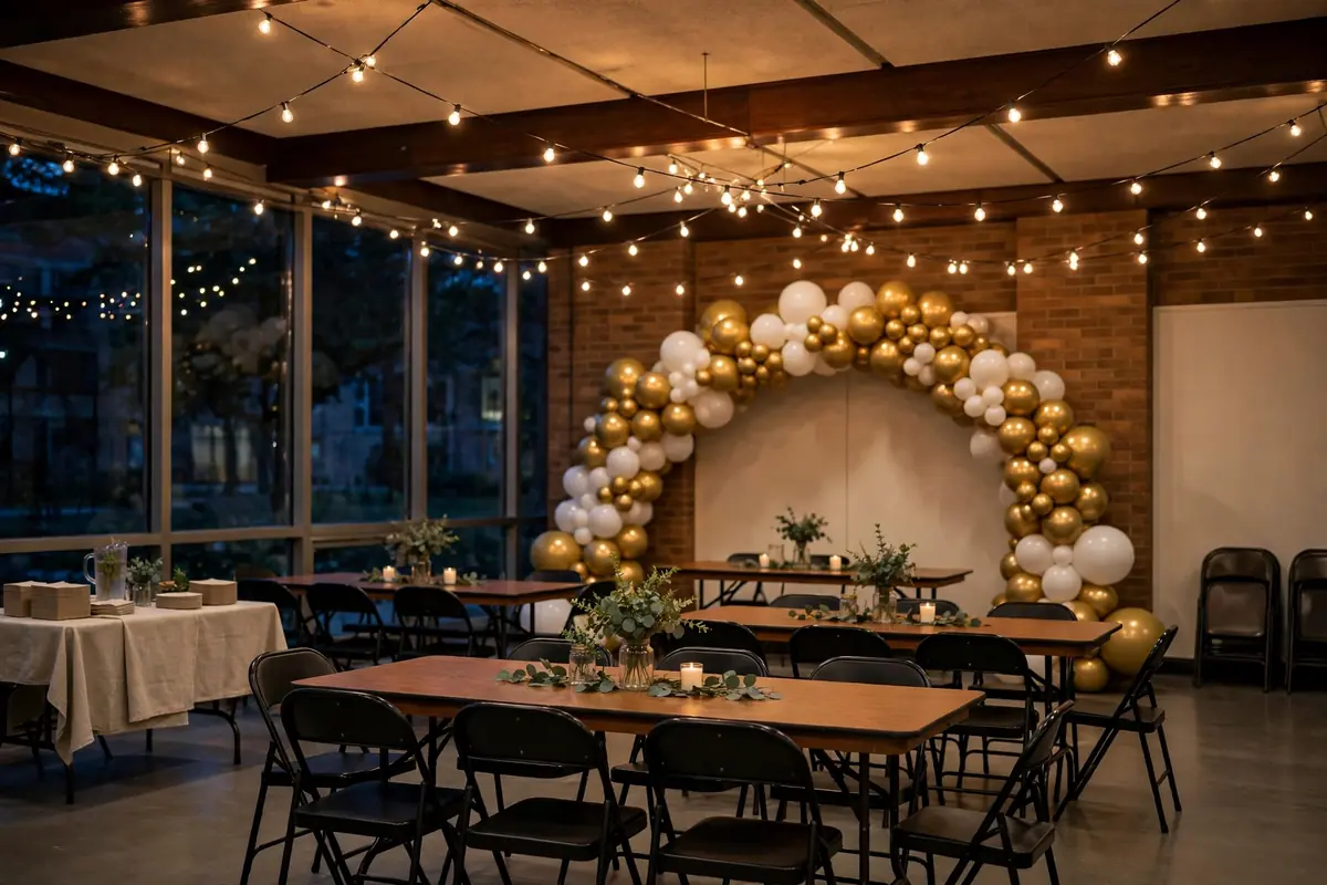 College event venue decorated with a balloon arch, fairy lights, and a photo wall