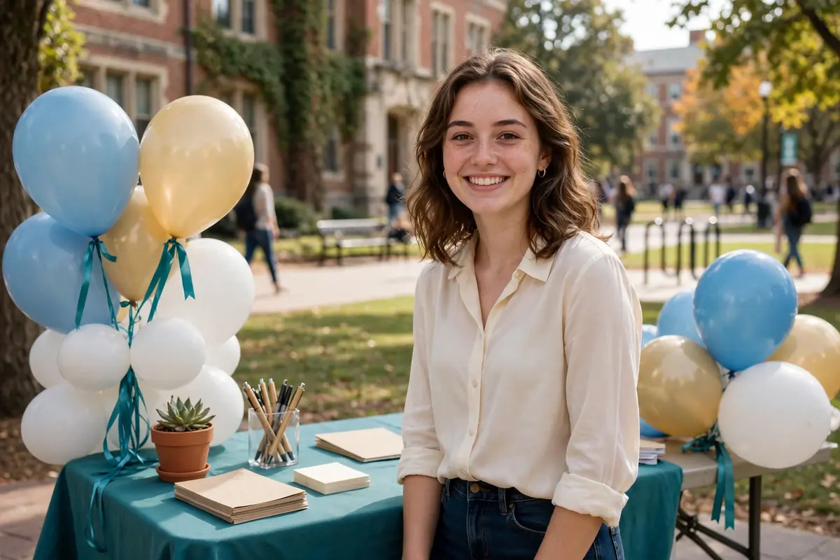 Young woman in a black midi dress hosting a college event