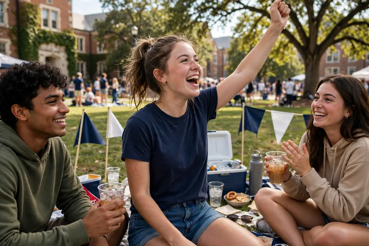 Young woman in dark jeans and a cute top at a college social night
