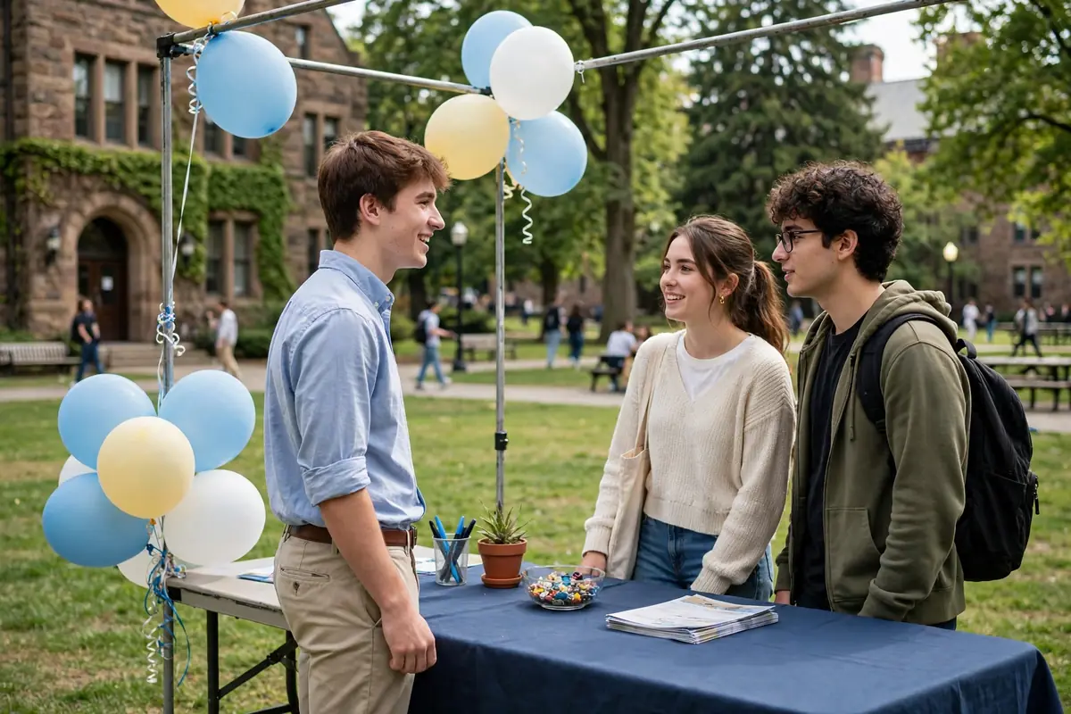 Young man in a button-down shirt and chinos hosting a campus event