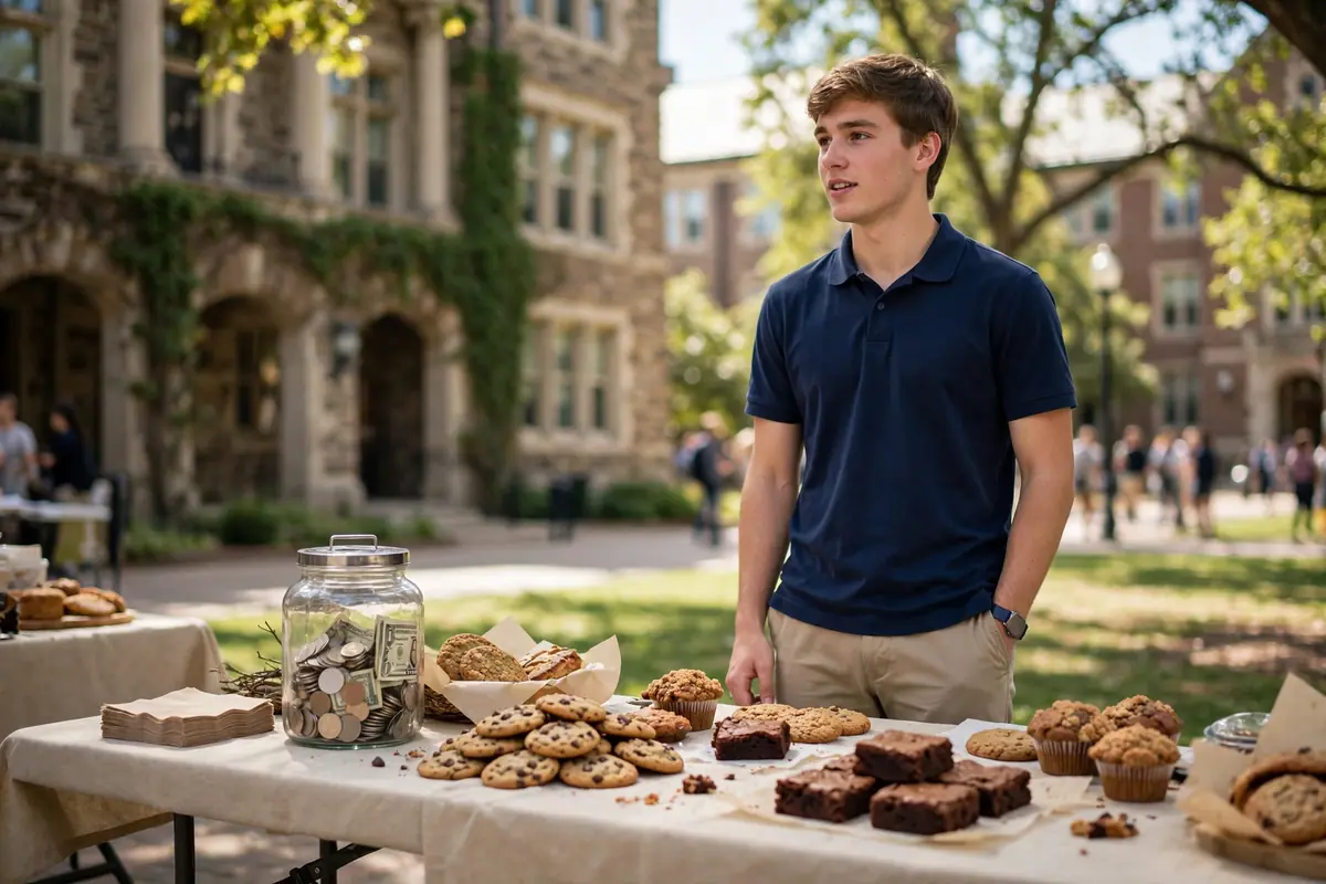 Young man in a Hawaiian shirt at a themed college event