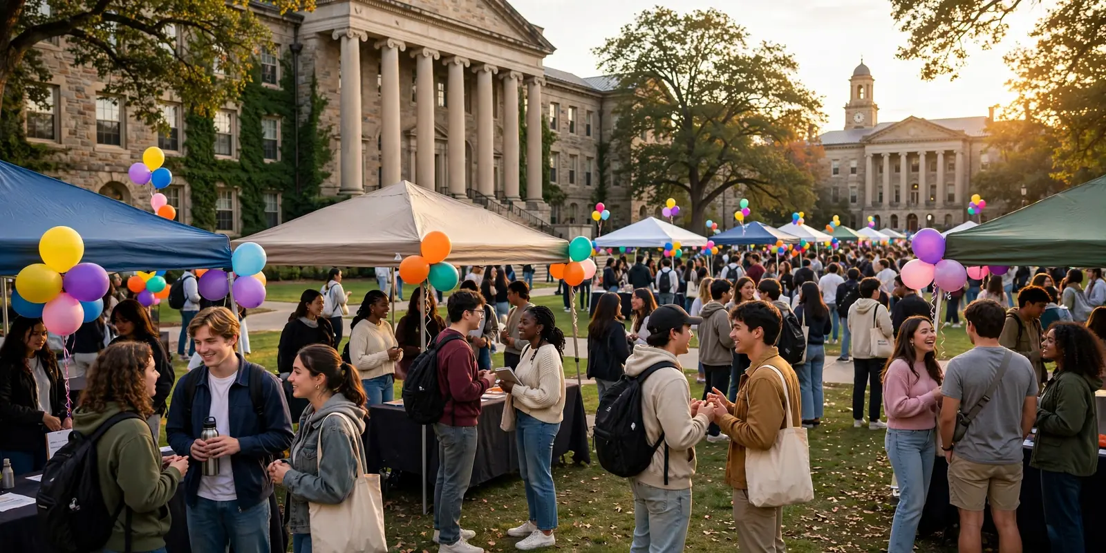 Students at a college club event on the quad with fairy lights and a balloon arch entrance