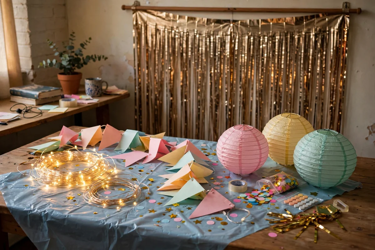 Close-up of a DIY college party photo backdrop with iridescent curtains, balloons and a hand-lettered sign