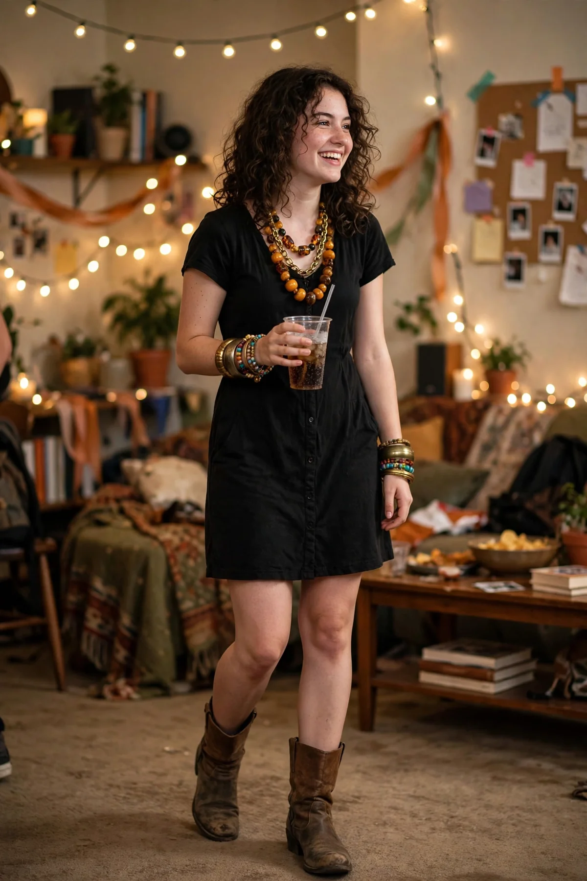 Girl in black slip skirt and white tank top standing in front of a DIY party backdrop