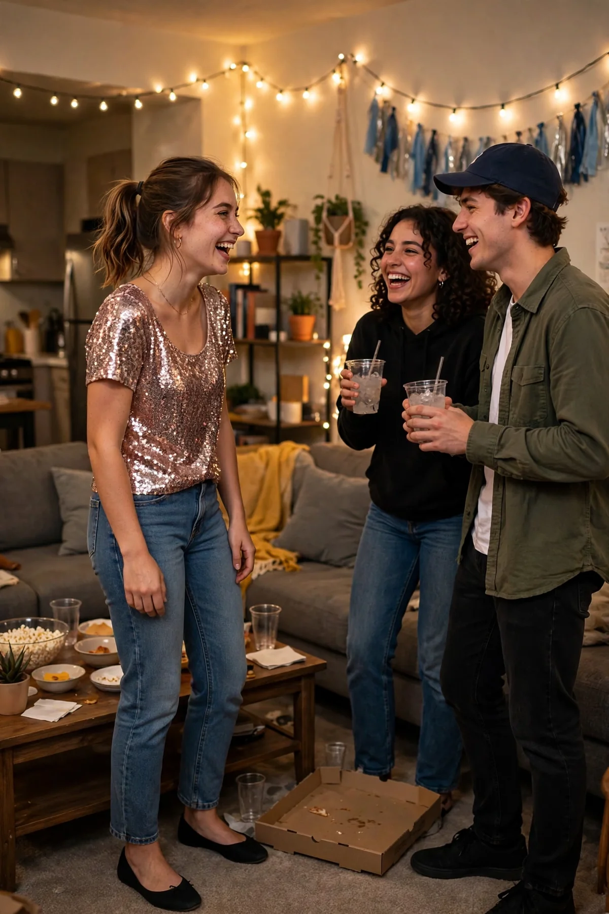 Girl in baggy jeans and cropped graphic tee decorating a party with string lights