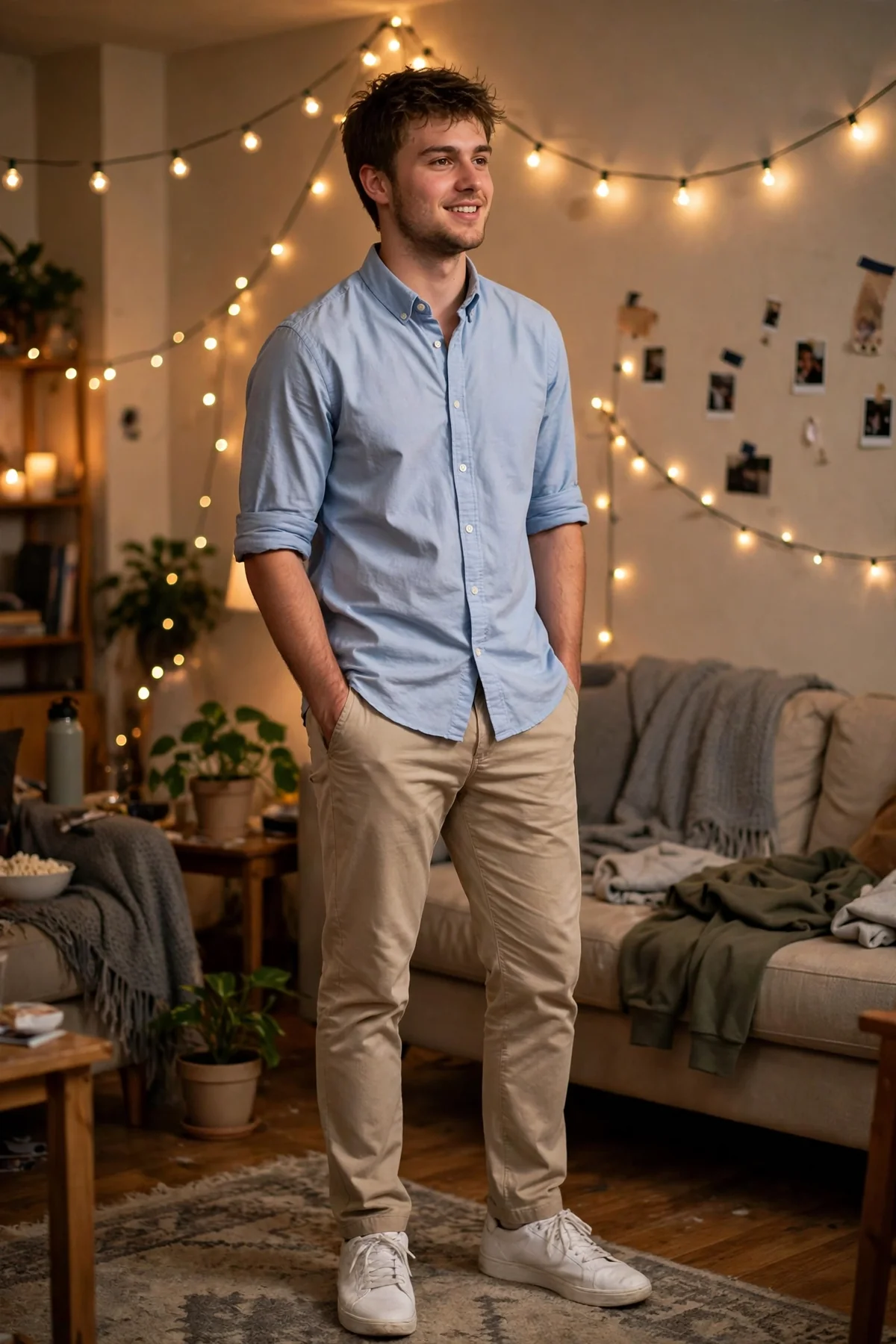 Guy in dark jeans and plain black tee hanging string lights for a college party