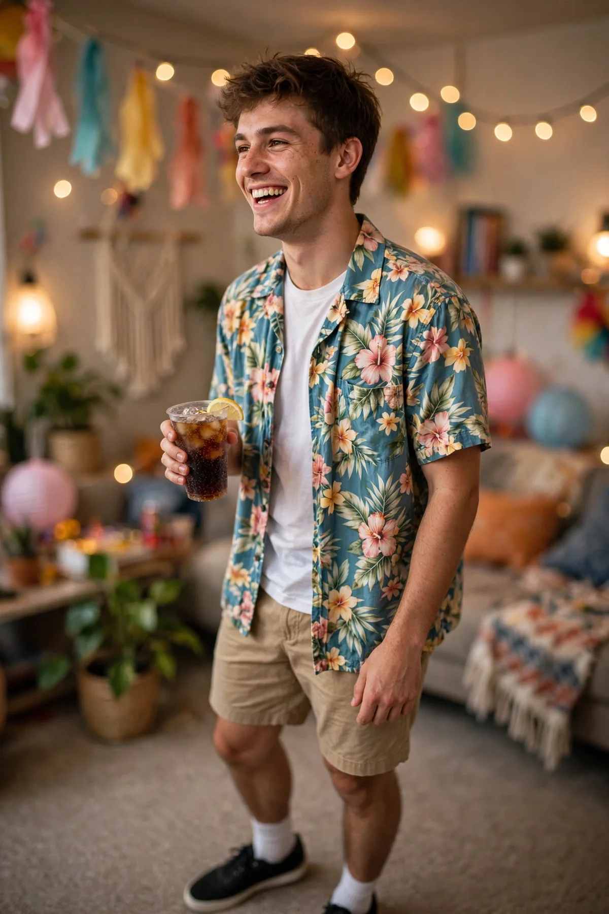 Guy in cargo pants and oversized tee arranging balloons for party decor
