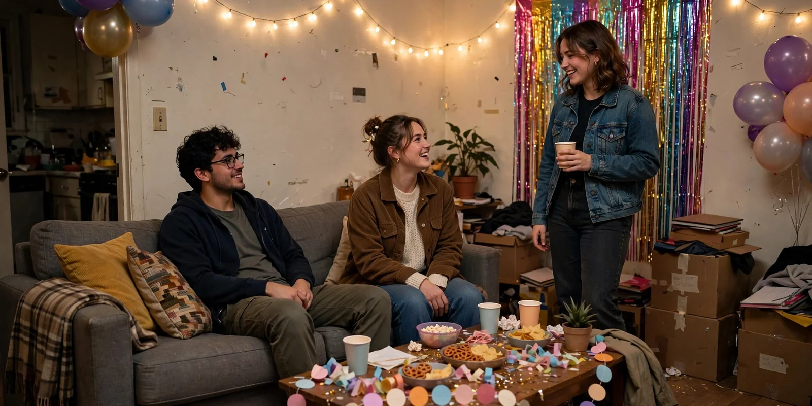 College apartment living room decorated for a party with warm string lights, balloon clusters and a photo backdrop