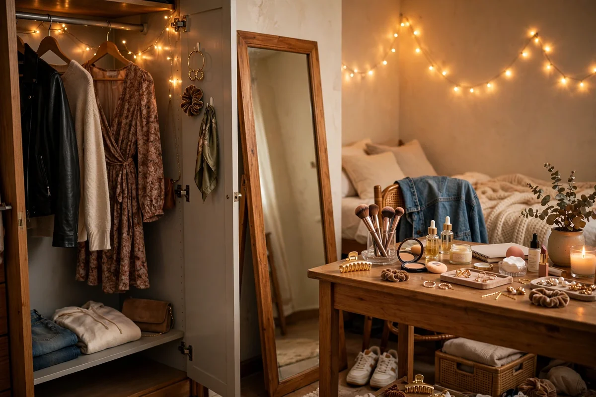 Dorm closet getting-ready station with a full-length mirror, ring light and outfit options