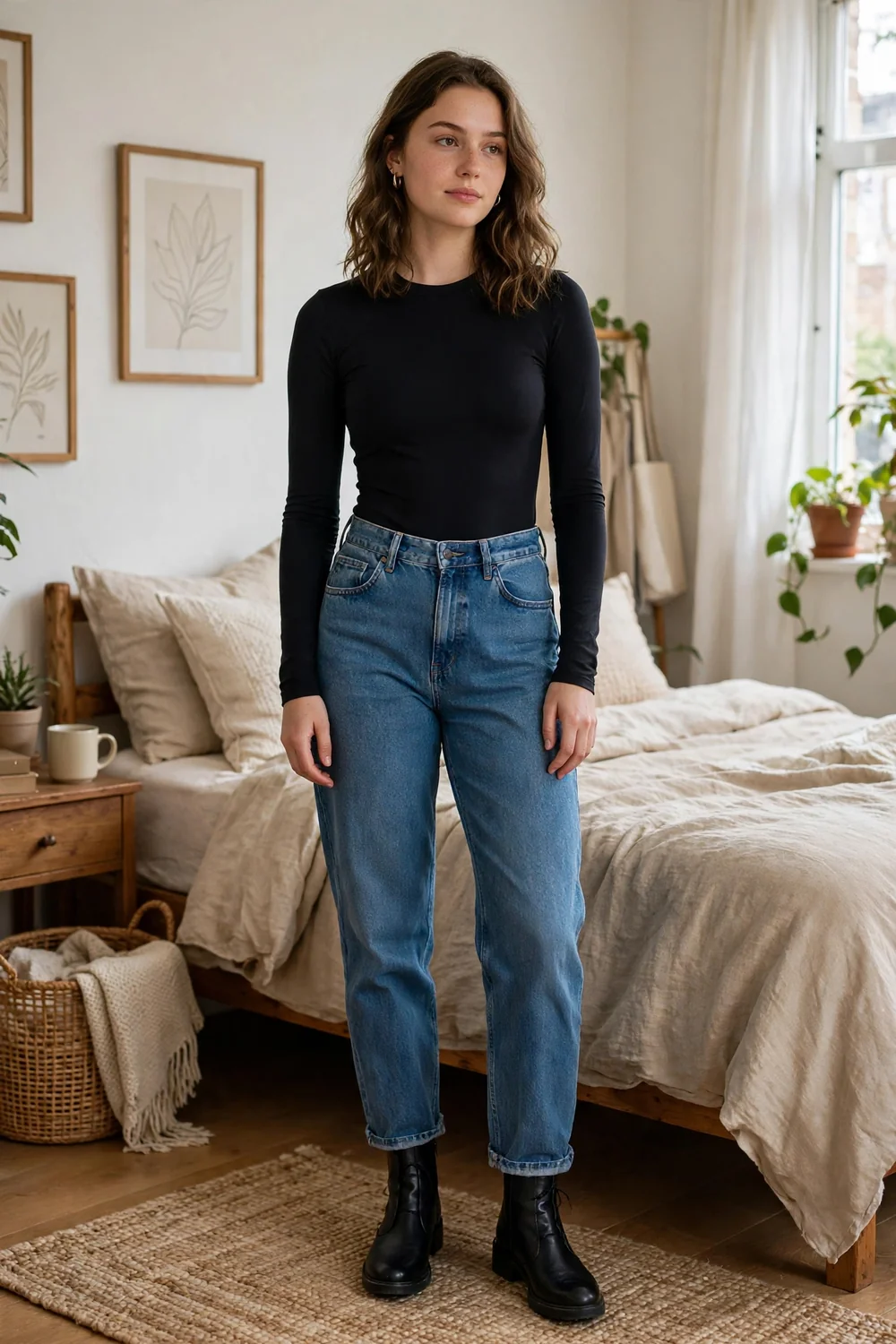 Girl wearing a black bodysuit with high-rise mom jeans and black ankle boots at a house party