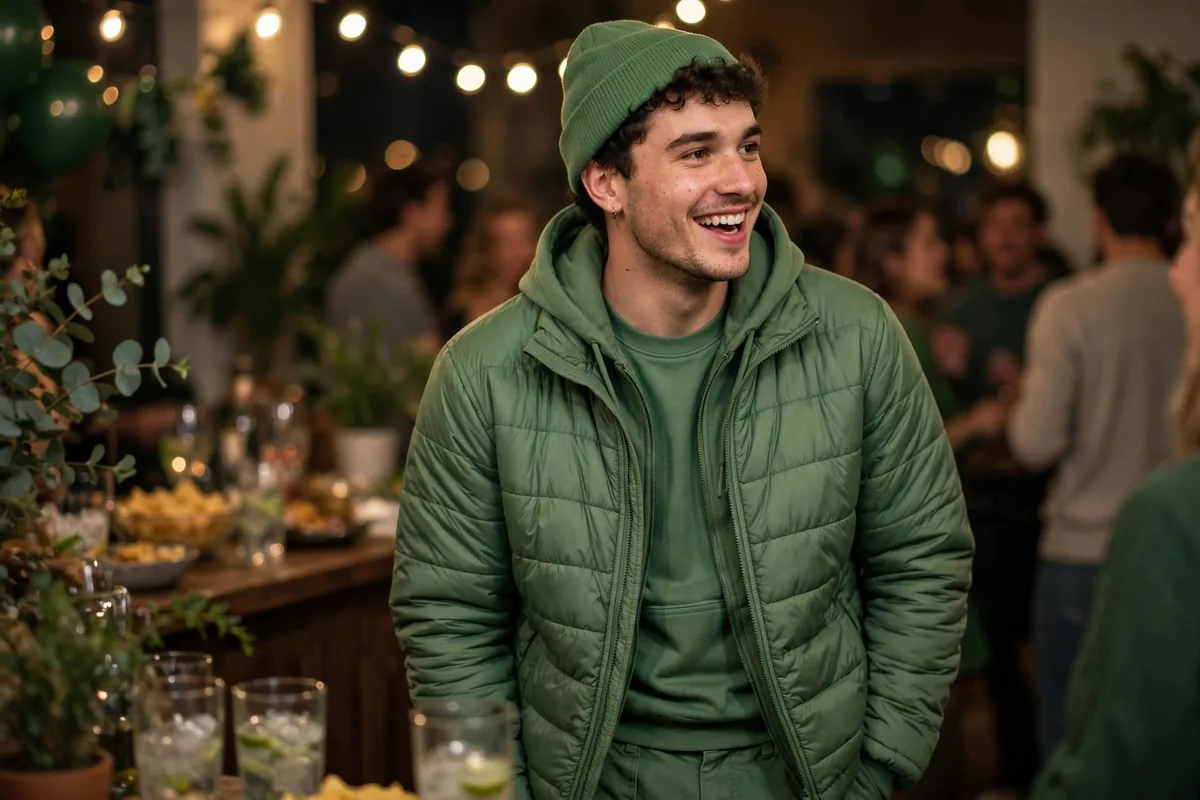 Guy in a green crewneck and olive cargo pants at a colour party