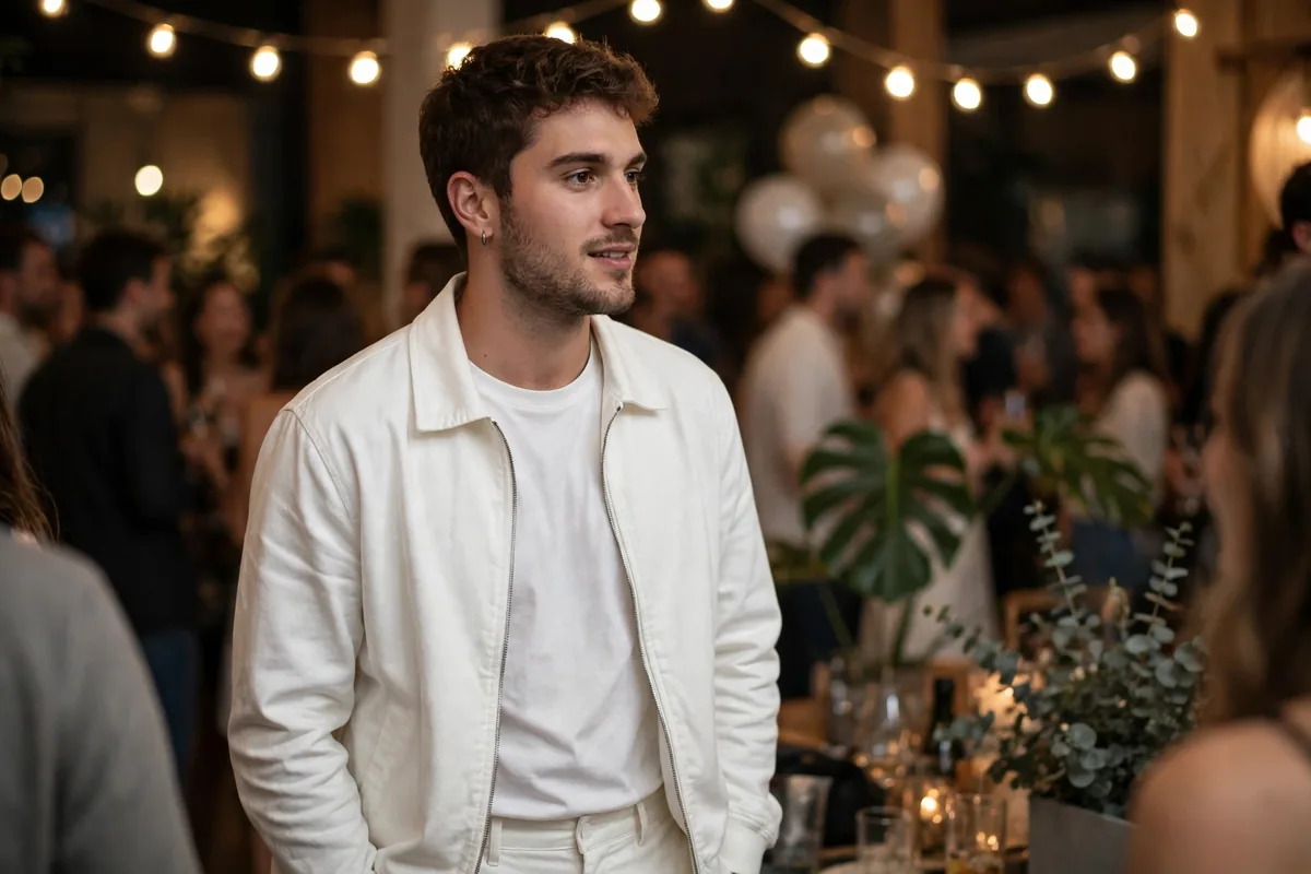 Guy in a black shirt with a gold chain at a black and gold theme party
