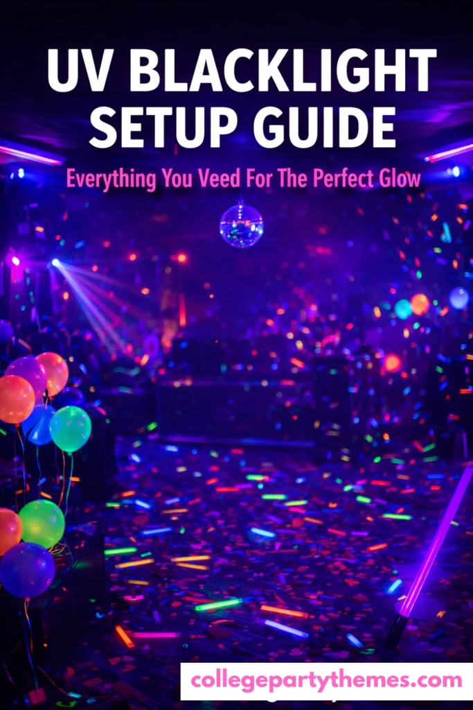 UV blacklight party room setup with blacklight bars neon balloons glow sticks and disco mirror ball
