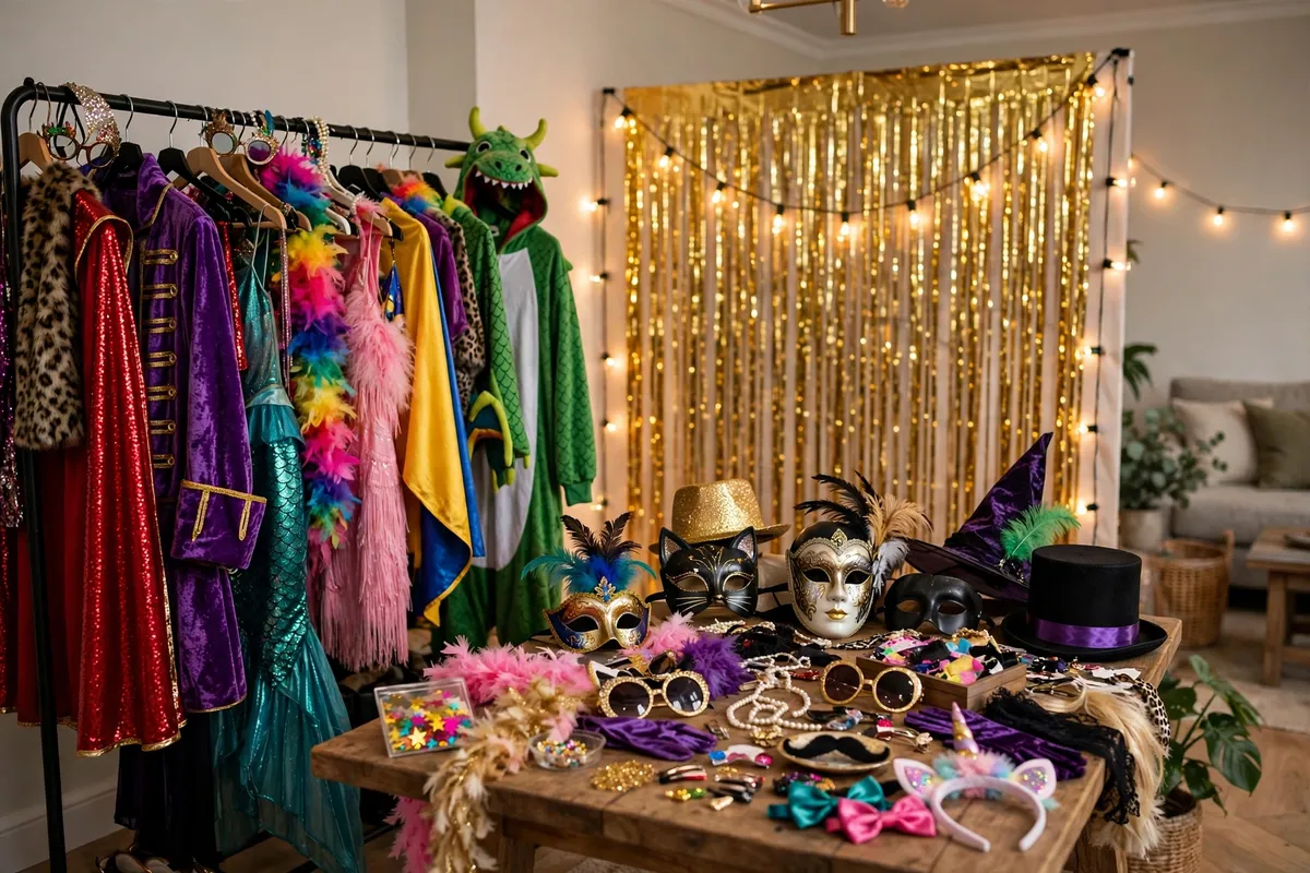 Costume party decor with red carpet entry and costume contest ballot wall