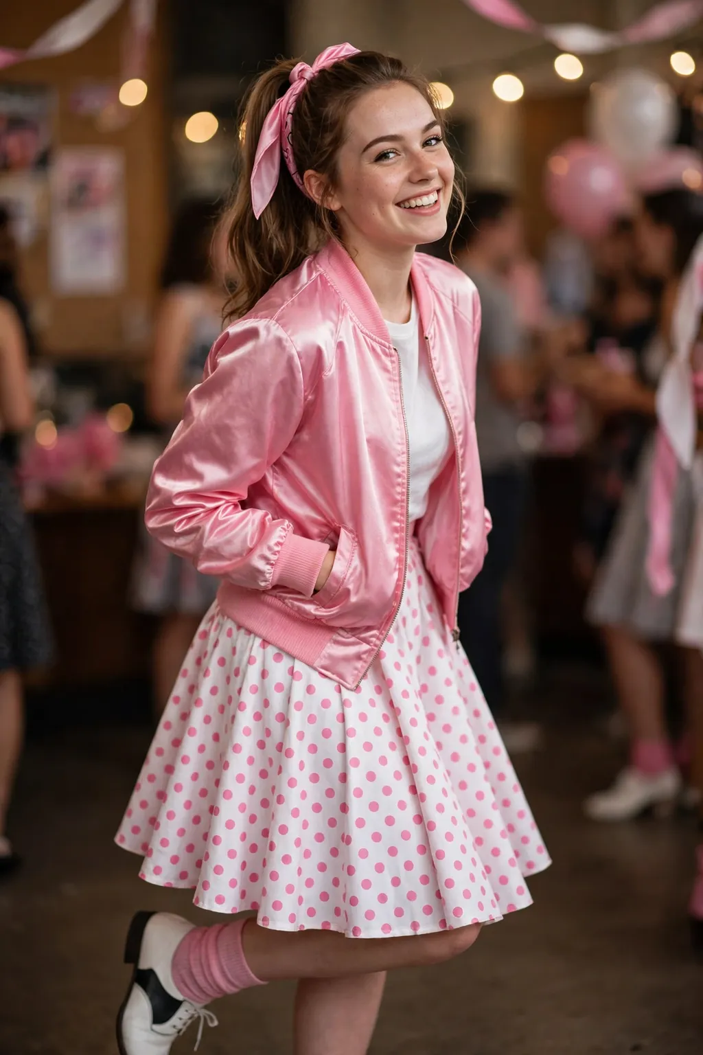 Girl dressed as a 50s Pink Lady in a pink satin jacket