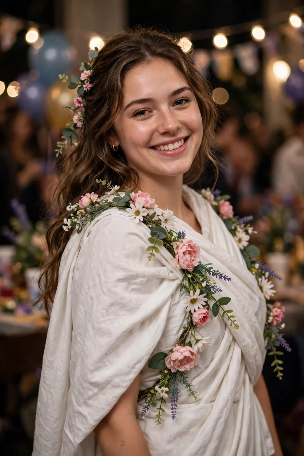 Girl in an Anything But Clothes costume: bedsheet toga decorated with faux flower garlands