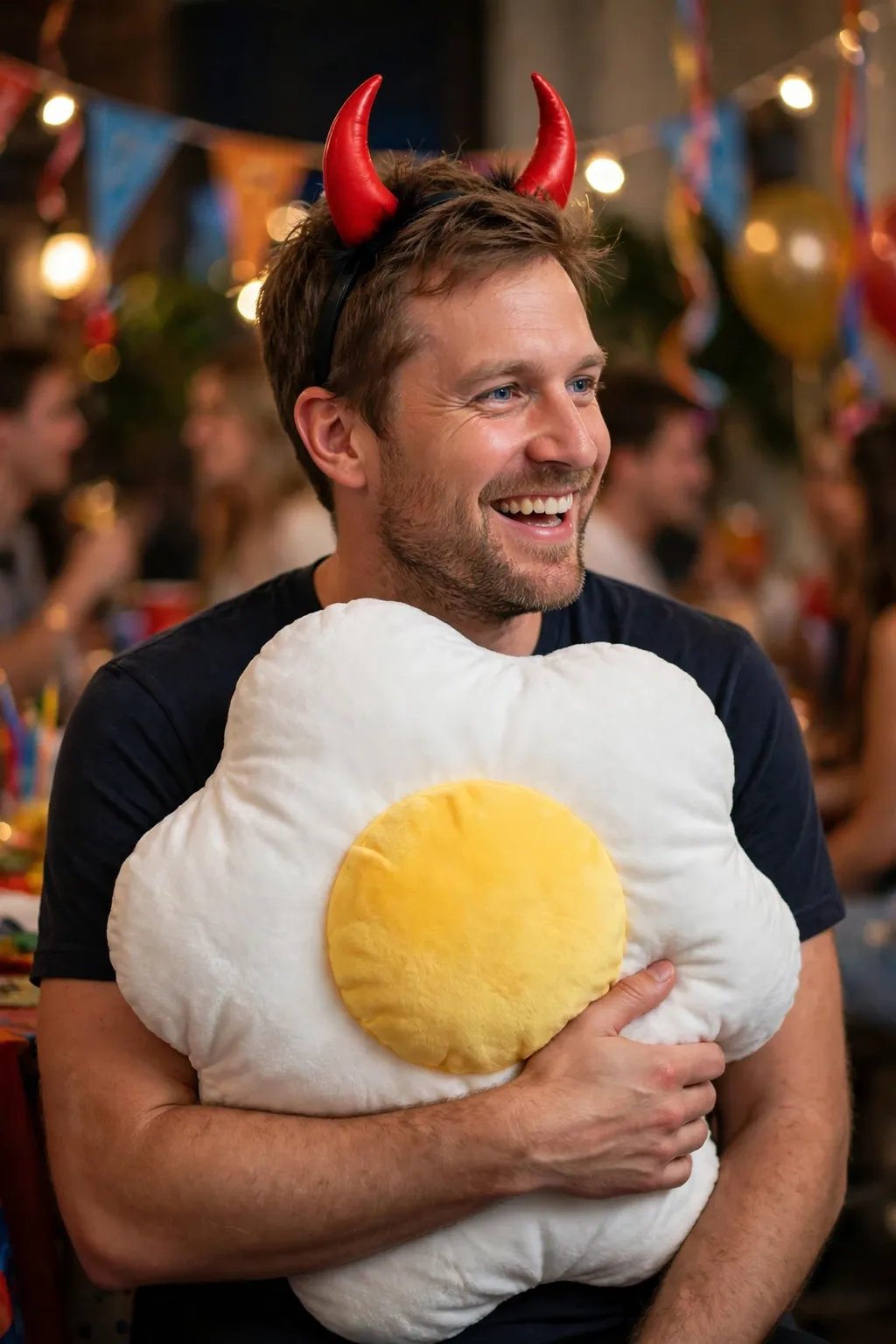 Guy in a Pun Costume: deviled egg pun costume with red devil horns and a giant fried-egg plush