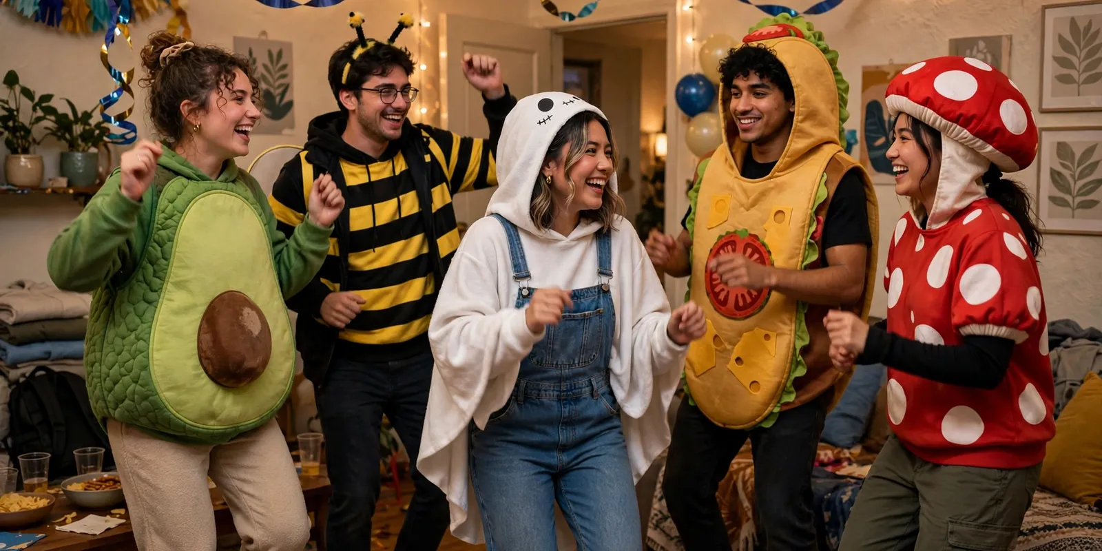College students in easy DIY costumes dancing at a costume theme party