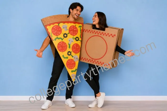 College couple wearing matching pizza slice and pizza box costume anything but clothes ABC party couples outfit