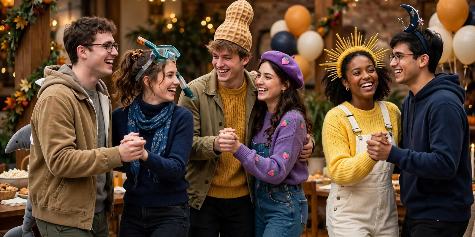 Couples in costume at a college date party