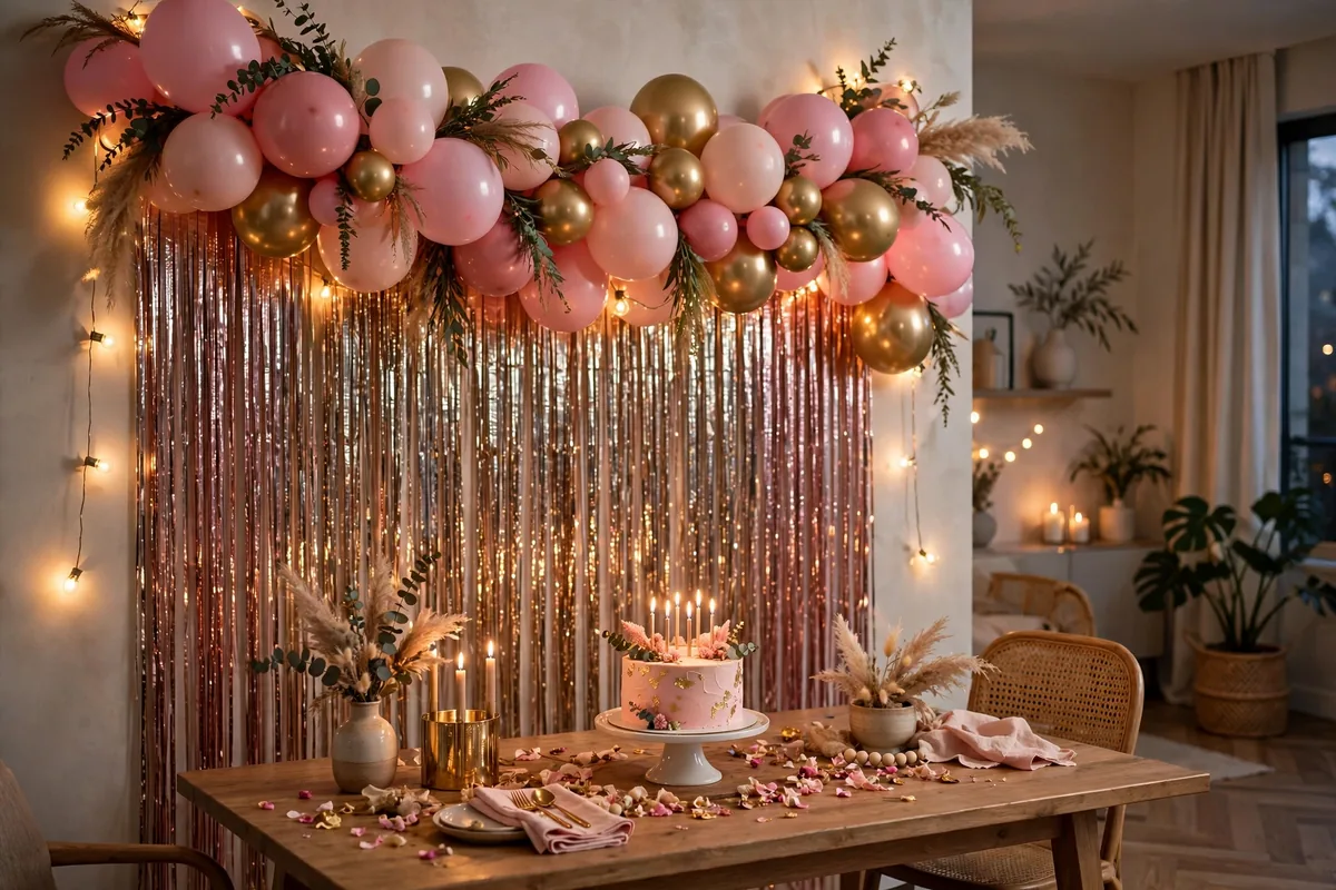 Birthday party decor with balloon garland, photo backdrop, and cake table with string lights