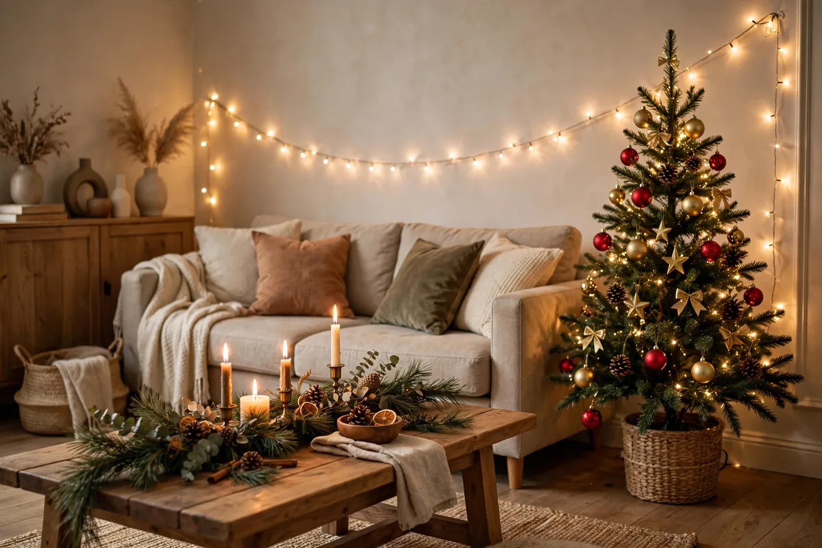 Living room decorated for a Christmas party with string lights, garland, and a small Christmas tree