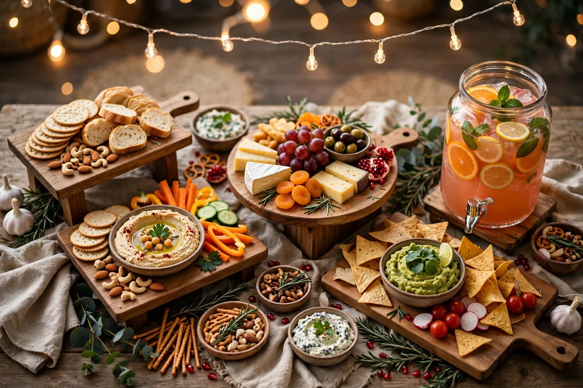 Styled party food table with fairy lights, wooden boards, and labeled dishes