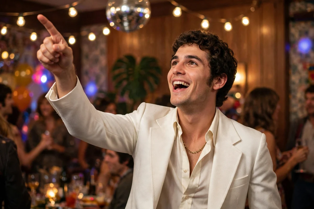 Young man in a white Travolta-style disco suit with an open collar and gold chain