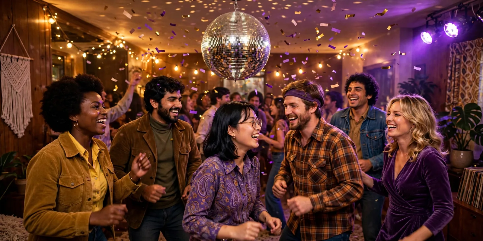 College students dancing under a mirror ball at a 70s disco party