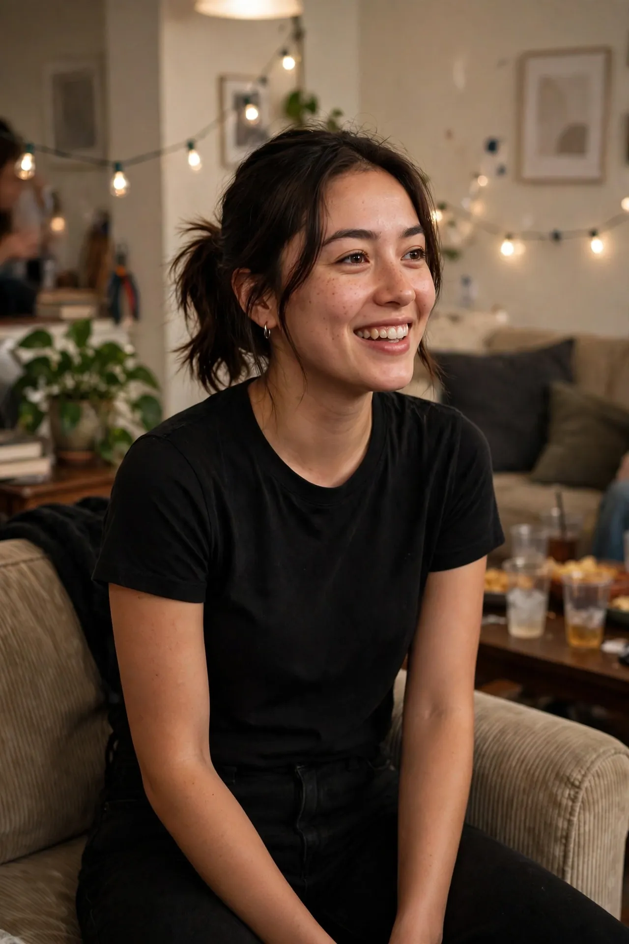 Girl in an all-black outfit with black jeans and boots at a party