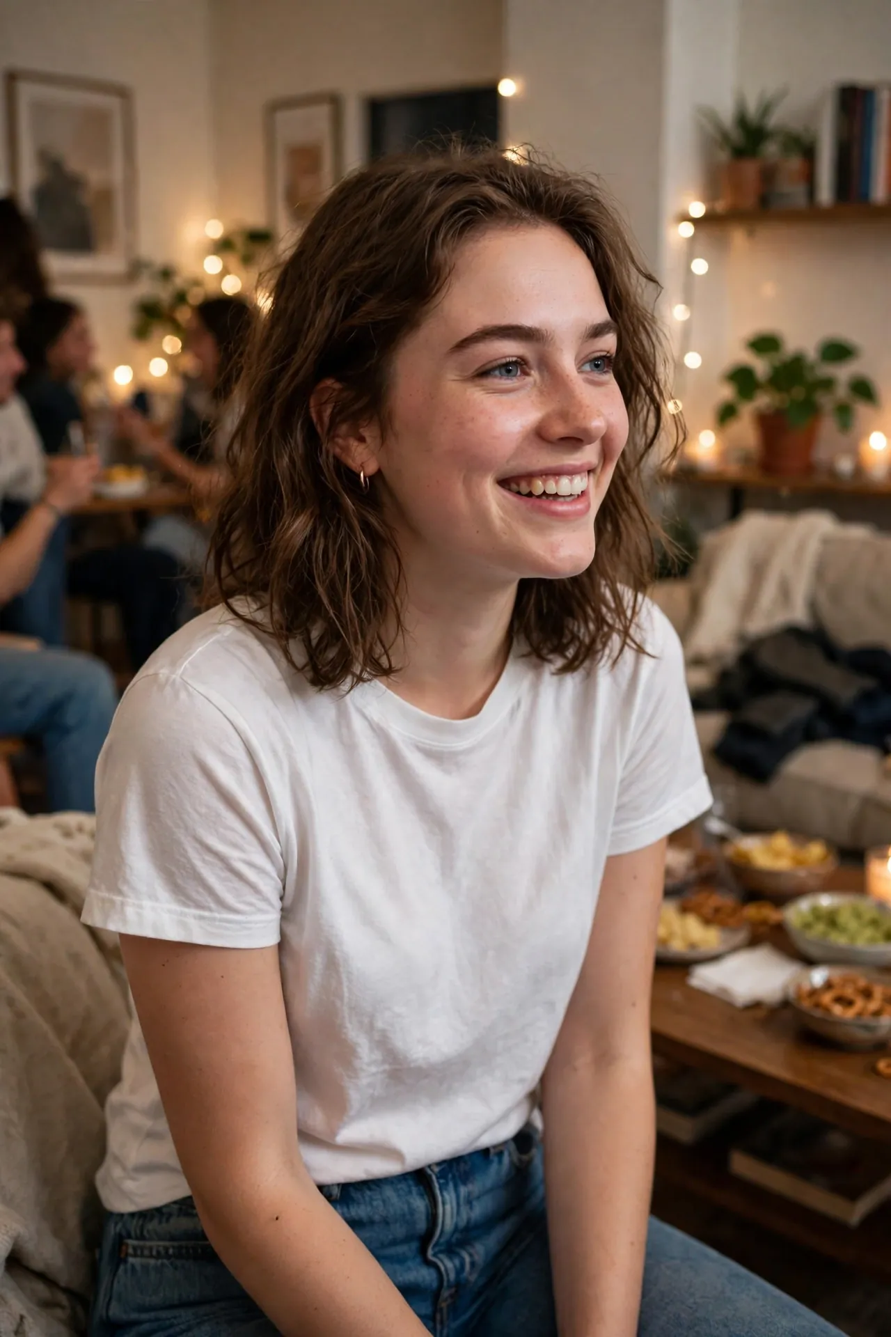 Girl in a white tee and jeans outfit with white sneakers