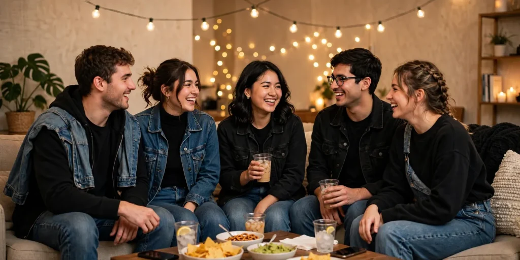 Group of college friends at an easy last-minute party in all-black and denim outfits under string lights