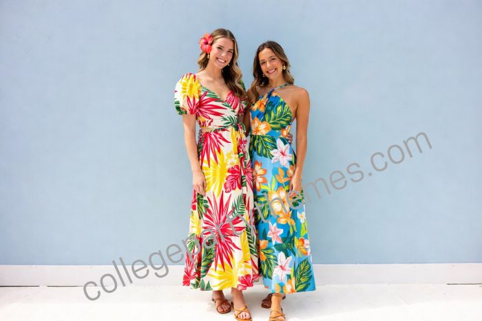  College girl wearing elegant floral maxi dress tropical print gold jewelry hibiscus flower luau party