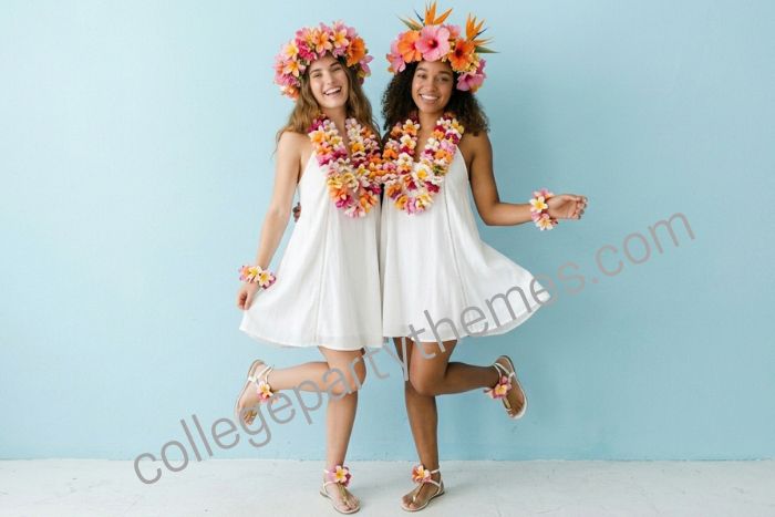  College girl wearing white dress elaborate flower crown stacked leis goddess aesthetic luau party