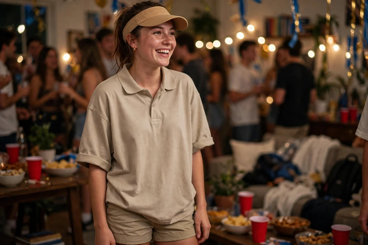Girl in a pastel polo and chino shorts, a girls' take on the frat boy theme