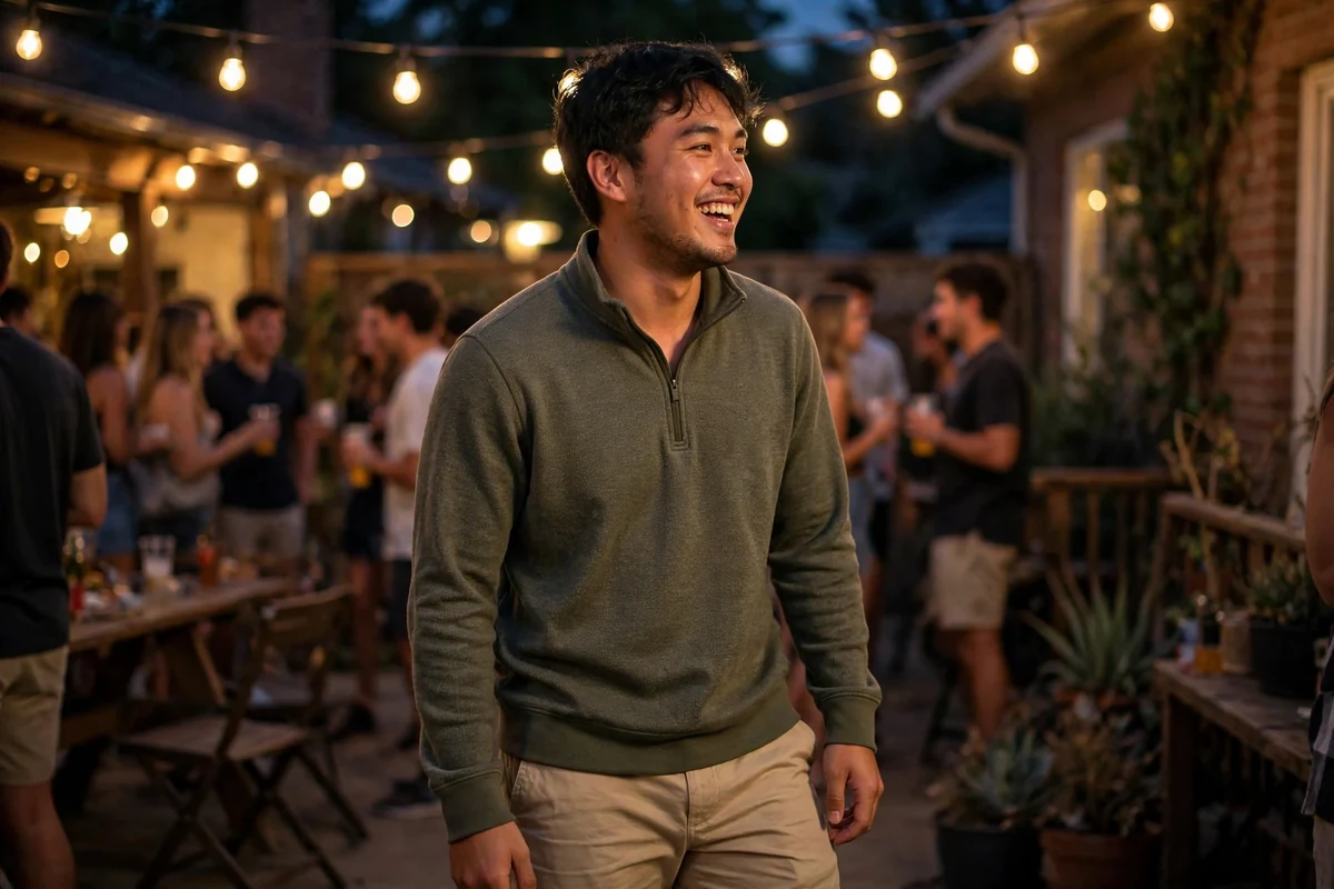 Guy wearing a quarter-zip fleece over a collared shirt