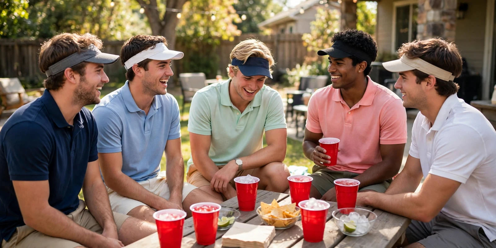 Group of college guys in classic frat boy outfits with polos and visors
