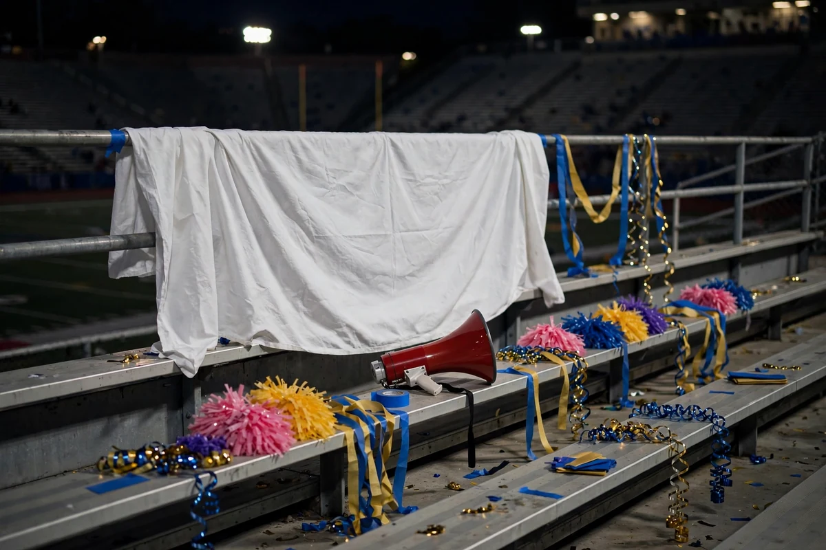 Frat night signs and props: painted bedsheet banner, pom poms, megaphone and team-colour streamers
