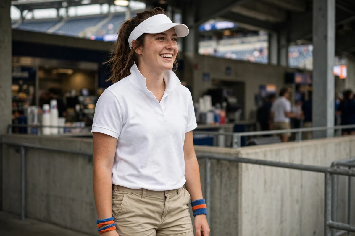 College girl in white polo, khaki shorts and visor with team-colour accessories