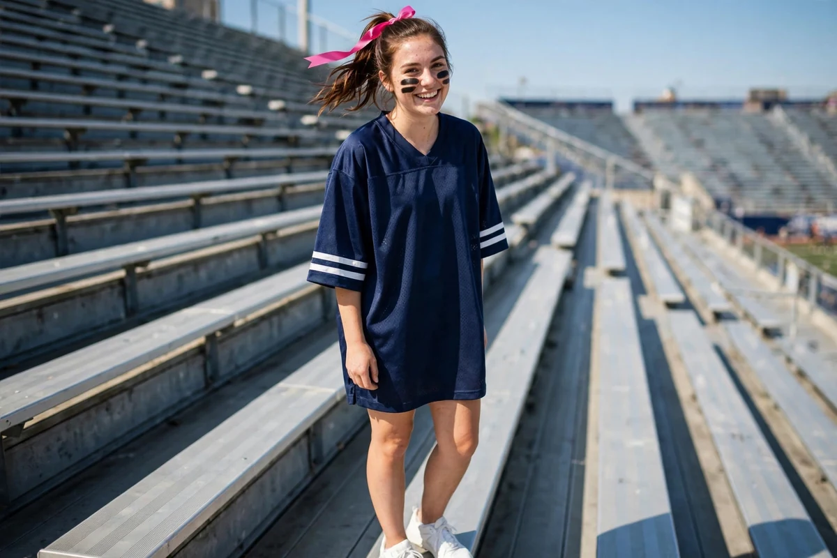 College girl wearing an oversized team jersey as a dress with eye black