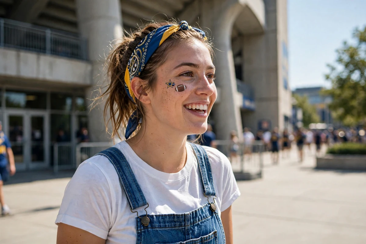 College girl in denim overalls and bandana in a game-day look