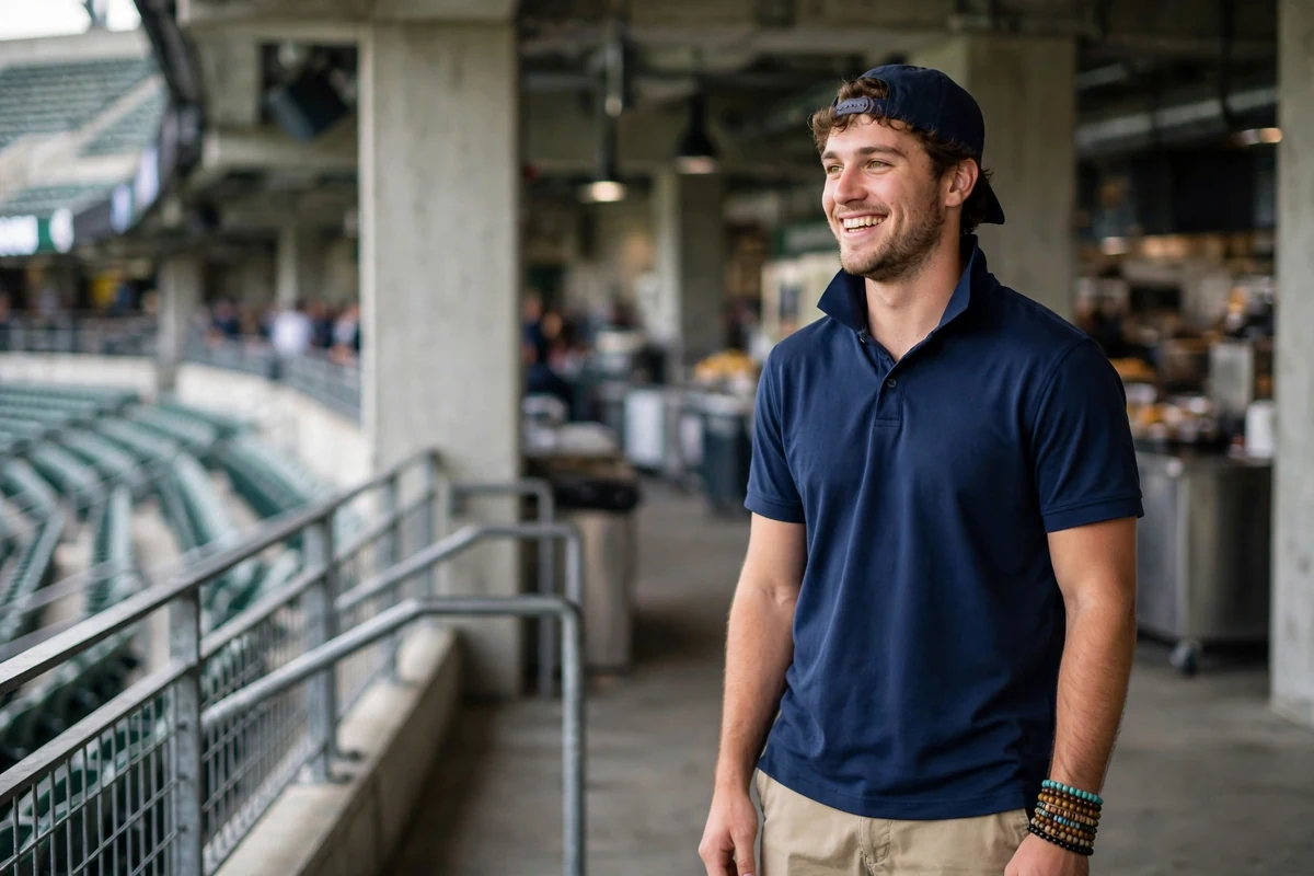College guy in polo, khaki shorts and backwards cap