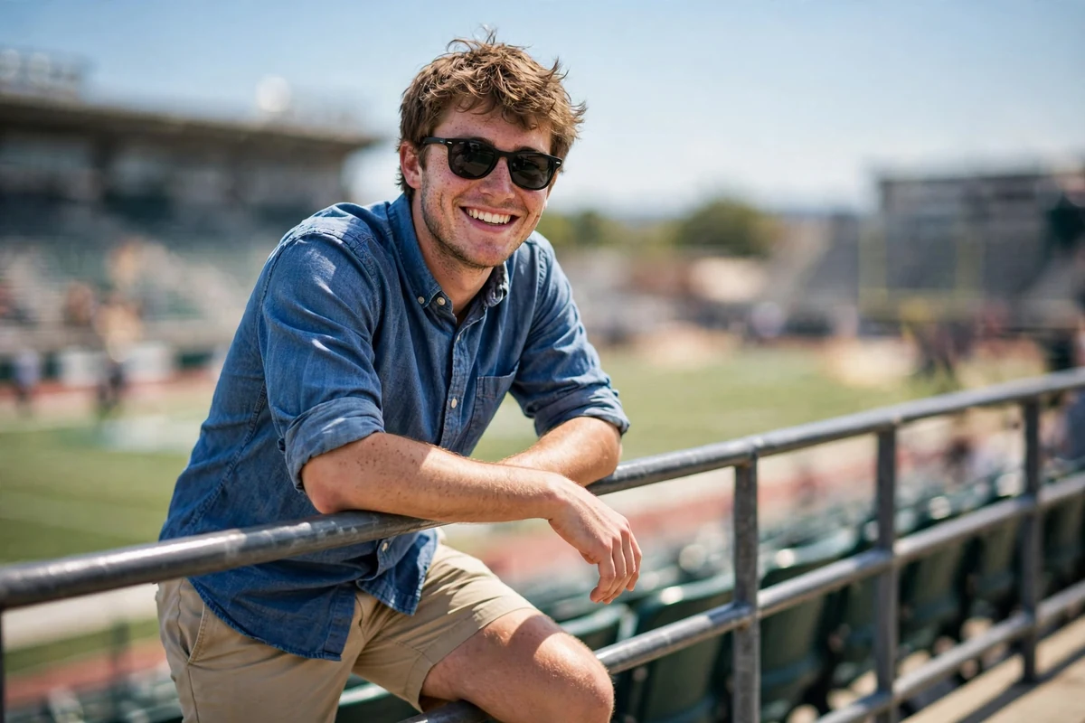 College guy in button-down shirt, shorts, boat shoes and sunglasses